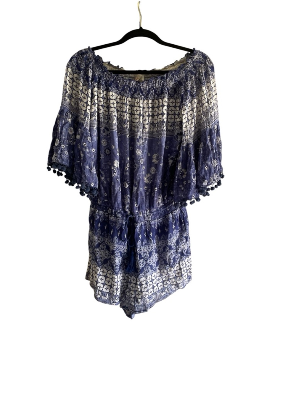 Raga Anthropologie Blue & White Boho Off-Shoulder Romper Tassel Tie Size Large